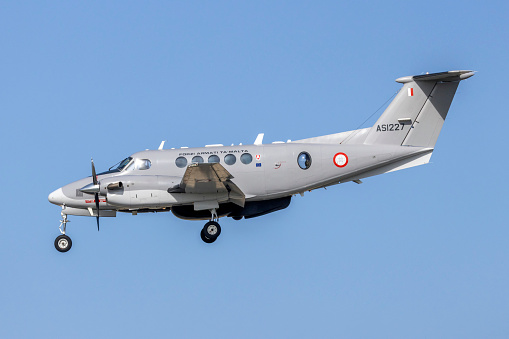 Luqa, Malta - March 24, 2024: Maltese Armed Forces Hawker Beechcraft B200 King Air (Reg.: AS1227) landing after a SAR mission over the Mediterranean.