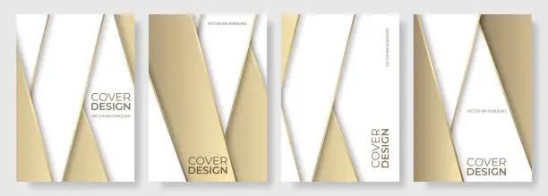 Vector illustration of White and gold 3D abstract modern vertical cover design set. Vector geometric poster template. Luxury abstract background for annual report, corporate presentation, banner, business card