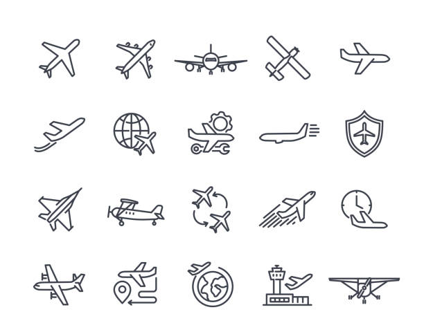 ilustrații de stoc cu set vectorial de pictograme plane liniare - transport