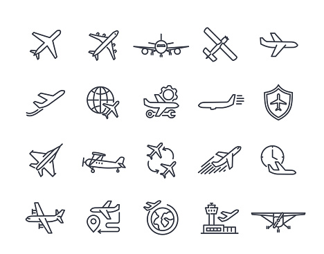 Set of linear plane icons. Simple sign with passenger aircraft for travel, air transport for logistics and airplane. Design for app. Outline flat vector collection isolated on white background