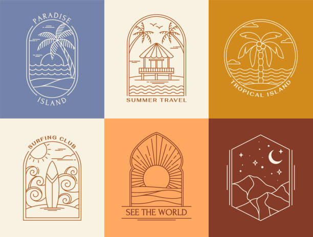 ilustrații de stoc cu set vectorial de logo-uri pentru servicii turistice - insulă