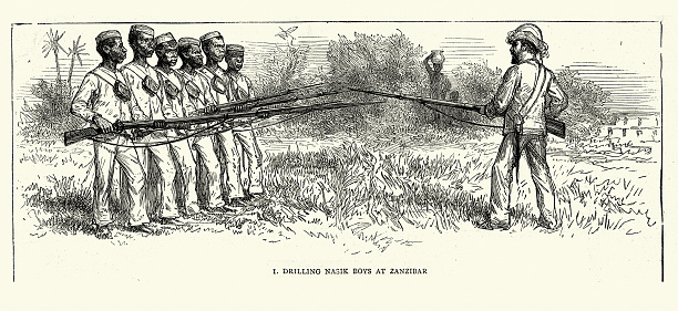 Vintage illustration, British soldiers training native soldiers in use of the bayonet, In Zanzibar, 1872, 19th Century