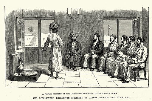 Vintage illustration, Livingstone Expedition, Reception at the Sultan's Palace in Zanzibar, 1872, 19th Century