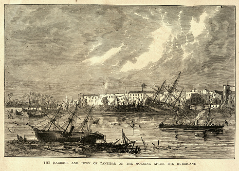 Vintage illustration, Ships wrecked in harbour of Zanzibar after a hurricane, 1872, 19th Century