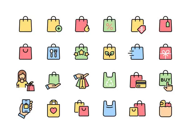 Vector illustration of Shopping Bag Color Line Icons. Pixel perfect. Editable stroke.