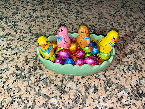 Small chocolate Easter eggs with chocolate chicks
