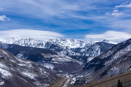 View of the snowy mountains during winter at Vail sky resort, Colorado, USA.