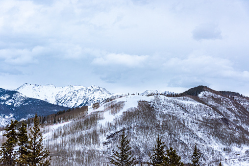 View of the snowy mountains during winter at Vail sky resort, Colorado, USA.