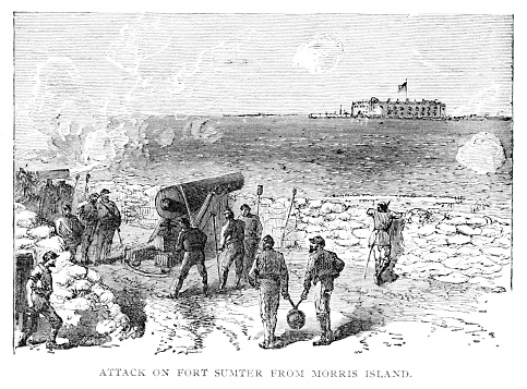 The first shot of the American Civil War (the War between the States) was at Fort Sumter, South Carolina in 1861. Illustration published 1895. Copyright expired; artwork is in Public Domain.