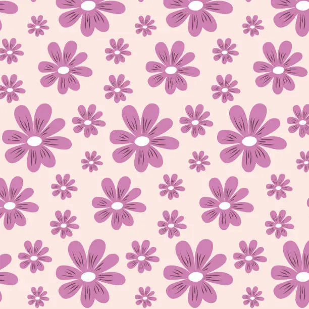 Vector illustration of Seamless pattern with cute lilac flowers. Summer print. Pattern for fabric, packaging, cover.
