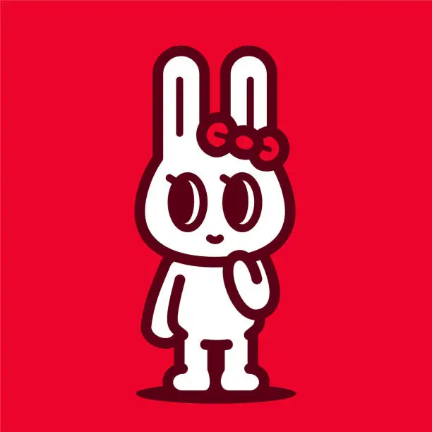 Vector illustration of A cute bunny standing, rearing up, one hand on the chin, looking to the left side