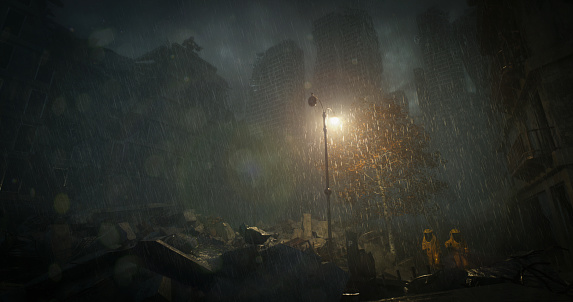 Digitally generated wet evening scene in a ruined city and corrosive rain drops falling over, creating dystopian post-apocalyptic wasteland scenery.\n\nThe scene was created in Autodesk® 3ds Max 2024 with V-Ray 6 and rendered with photorealistic shaders and lighting in Chaos® Vantage with some post-production added.