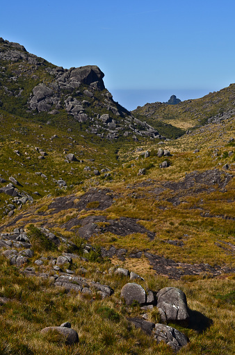 A boulder-filled valley in the high sector of Itatiaia National Park, Itatiaia, Rio de Janeiro, Brazil.
