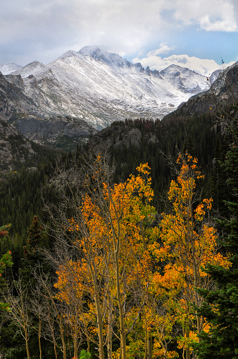 Early fall colors, snow-dusted peaks and forested valleys on the hike to Dream Lake, Rocky Mountain National Park, Estes Park, Colorado, USA.