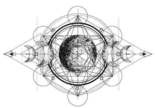 Metatron Cube. Moon pagan Wicca moon goddess symbol. Three-faced Goddess: Maiden  Mother  Crone isolated vector illustration.  Tattoo, astrology, alchemy, boho and magic symbol. Coloring book.