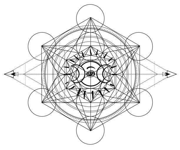 istock Metatron Cube. Moon pagan Wicca moon goddess symbol. Three-faced Goddess: Maiden  Mother  Crone isolated vector illustration.  Tattoo, astrology, alchemy. 2123774347