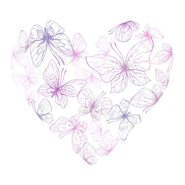 Vector illustration of Butterflies are pink, blue, lilac, flying, delicate line art. Graphic illustration hand drawn in pink, lilac ink. Composition in the shape of a heart EPS vector.