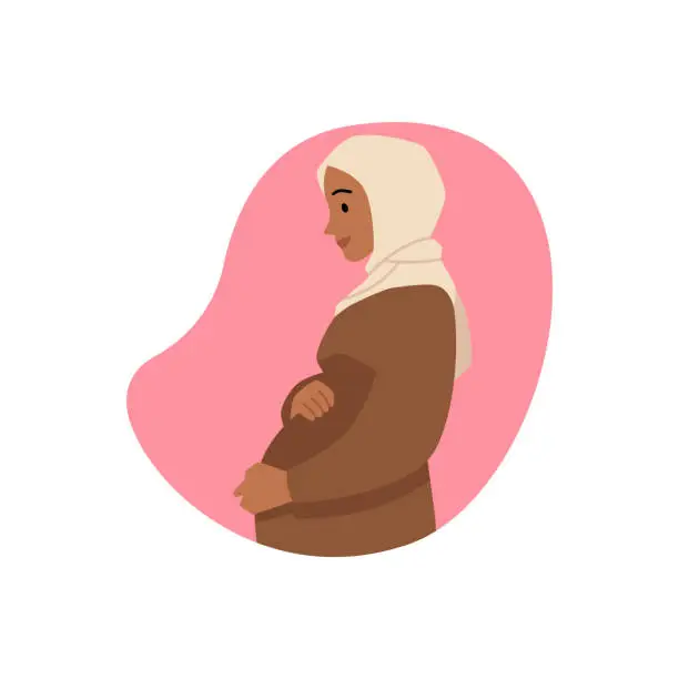 Vector illustration of Muslim pregnant woman, beautiful happy young lady wearing hijab, vector Arabic female isolated in pink decorative frame