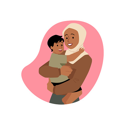 Muslim mother holding a baby son in hands. Happy woman in hijab carrying little boy. Cartoon Islamic parent love. Vector illustration of Arabic family isolated in pink decorative frame