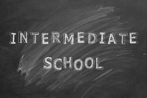 Lettering Intermediate school on black chalkboard.