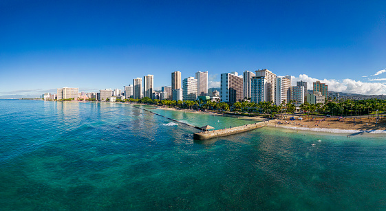 Aerial view of the skyline of Honolulu with Waikiki Beach and the skyscrapers. Panorama with extremely high resolution - Oahu, Hawaii