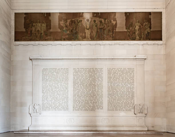 Washington DC  US  Mar 22, 2024 Abraham Lincoln's second inaugural address inscribed inside the neoclassical Lincoln Memorial and one of Jules Guerins murals, located on the National Mall.
