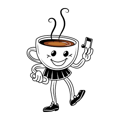 depicting a humanoid cup of coffee with a smiley face and two handles