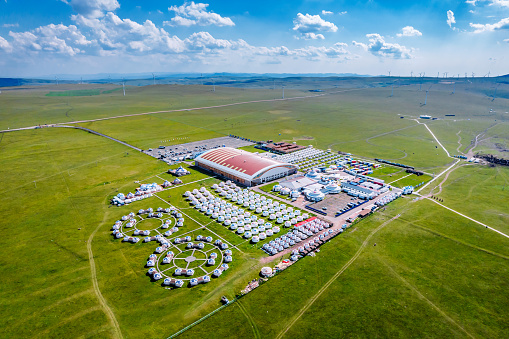 Aerial View of yurts on the Huiteng Xile grassland at the Huanghuagou Tourist Center in Ulanqab, Inner Mongolia, China