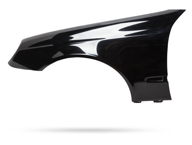 Black metallic fender on a white isolated background in a photo studio for sale or replacement in a car service. Mudguard on auto-parsing for repair or a device to protect the body from dirt. guardabarros metálico negro sobre fondo blanco aislado en un estudio fotográfico para venta o reemplazo en un servicio de automóviles. guardabarros en análisis automático para reparación o un dispositivo para proteger la carrocería de la suciedad.