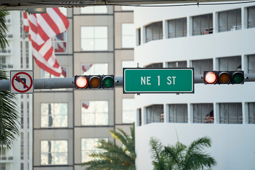 American street traffic light in Miami, Florida. USA transportation.