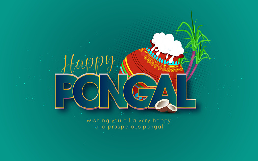 Happy Pongal vector illustration with festive elements, Pongal, sugarcane, bana leaf and kolam stock illustration