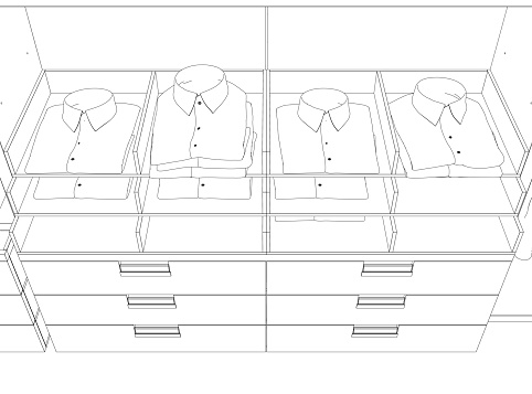 Outline of folded shirts lying on a display window made of black lines isolated on a white background. Wardrobe with clothes. Vector illustration. 3D.