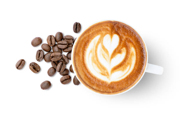 Cappuccino coffee in white mug with roasted coffee beans isolated on white