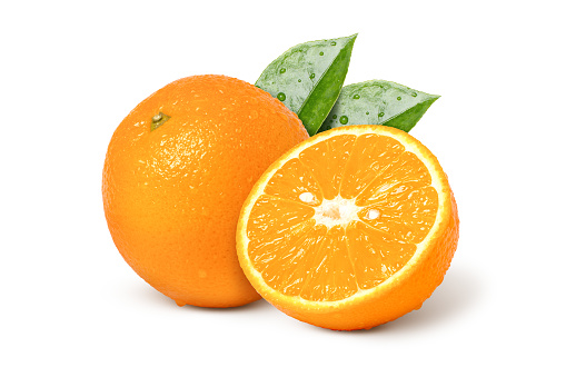 Orange fruit  with leaf isolated on white background.