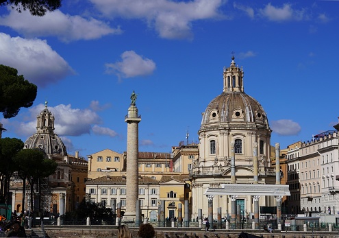View of emperor Trajan’s forum, his column, ruins of the Christian Basilica Ulpia and the church of the Most Holy Name of Mary (Santissimo Nome di Maria al Foro)