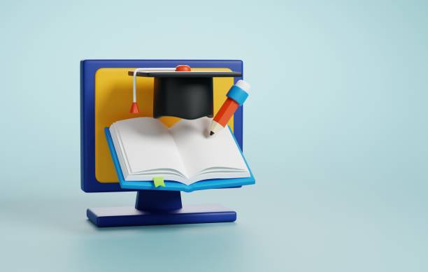 istock Online Learning, book and graduation hat, Academic Achievement. 3D render 2124113408