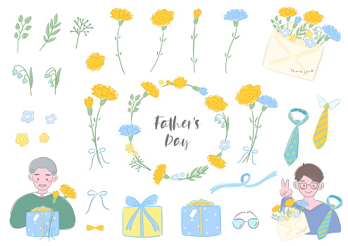 Father's Day, carnations and dad with gifts and decorations, simple hand drawn illustration set
