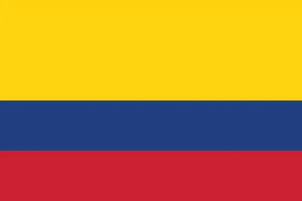 Vector illustration of Colombia flag. The official ratio. Flag icon. Standard color. Standard size. A rectangular flag. Computer illustration. Digital illustration. Vector illustration.