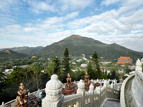 Breathtaking view of Ngong Ping highlands in Hong Kong. Seen is the mountain and hills,Picture is taken from the Giant Buddha or Tian Tian Buddha monastery. Gives a fresh jungle and country side feel.