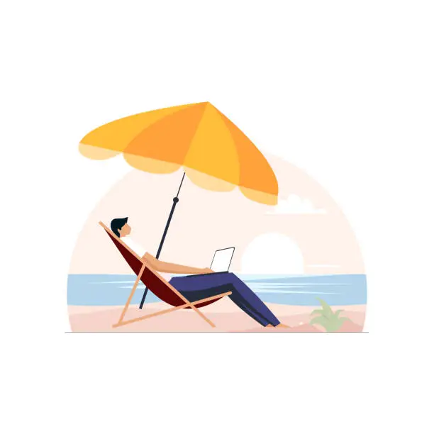 Vector illustration of Relaxed freelancer working on a tropical beach on his laptop, work from anywhere or remote work illustration
