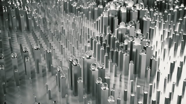 Abstract Metallic background of bars and transparent spheres 3d animation in black and white