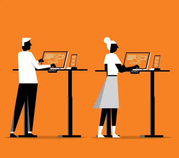 Vector illustration of standing office - Using Laptop