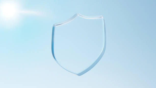 3D Illustration.Transparent glass shield against blue sky. Sunlight. (horizontal)