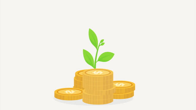 sustainable investment growth. Green sprout grow from coin stacks