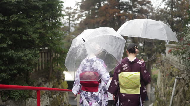 Women in kimono walking down the temple steps in a rainy day