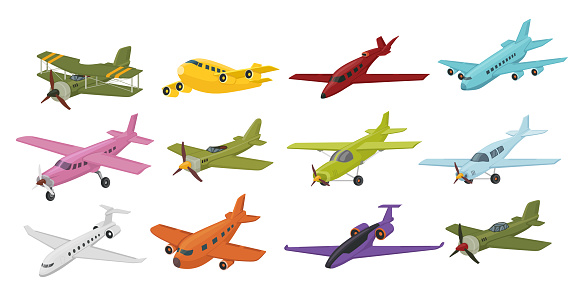 Airplane retro and modern cartoon aviation vehicle set isometric vector illustration. Plane jet flying logistics passenger cargo military and industrial air transportation winged aircraft airline