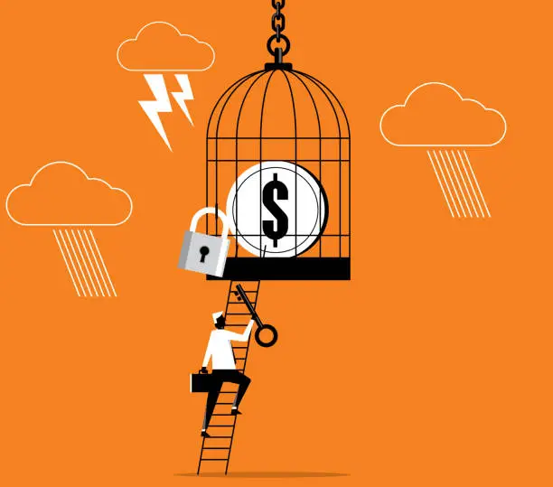 Vector illustration of Money in large birdcage - Businessman