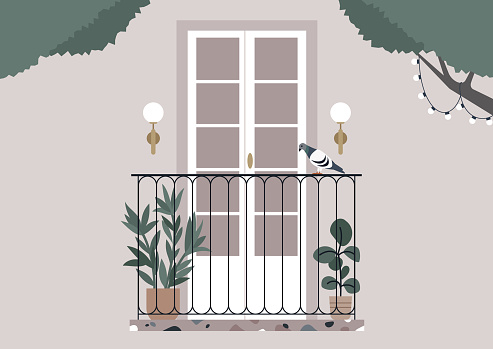 Serene Balcony Scene With Visiting Pigeon at Dusk, A tranquil terrace adorned with plants and a bird perched on the railing under soft evening lights.