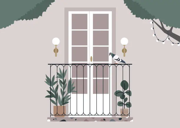 Vector illustration of Serene Balcony Scene With Visiting Pigeon at Dusk, A tranquil terrace adorned with plants and a bird perched on the railing under soft evening lights.