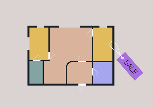 Real estate for sale, A floor plan displaying different sections of an apartment, with a price tag attached to it